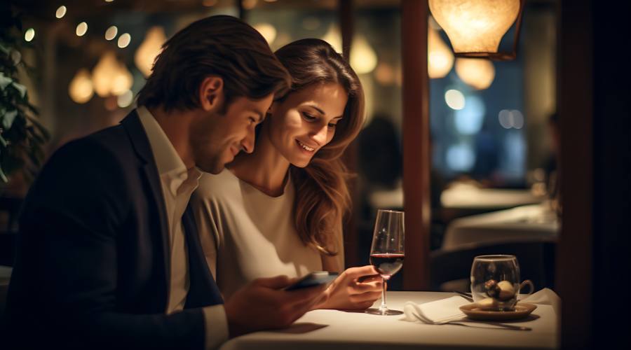 they are looking at a cell phone while sitting at a table
